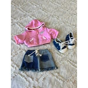 Vtg Build A Bear Workshop Outfit Short skirt and Pink Hoodie Pair of Shoes